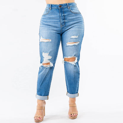 High Waist Boyfriend Roll Up Jeans | Plus Size | American Bazi